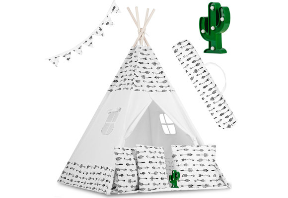 Tipi tent - Speeltent - wit & pijlen - met kussens en lampjes