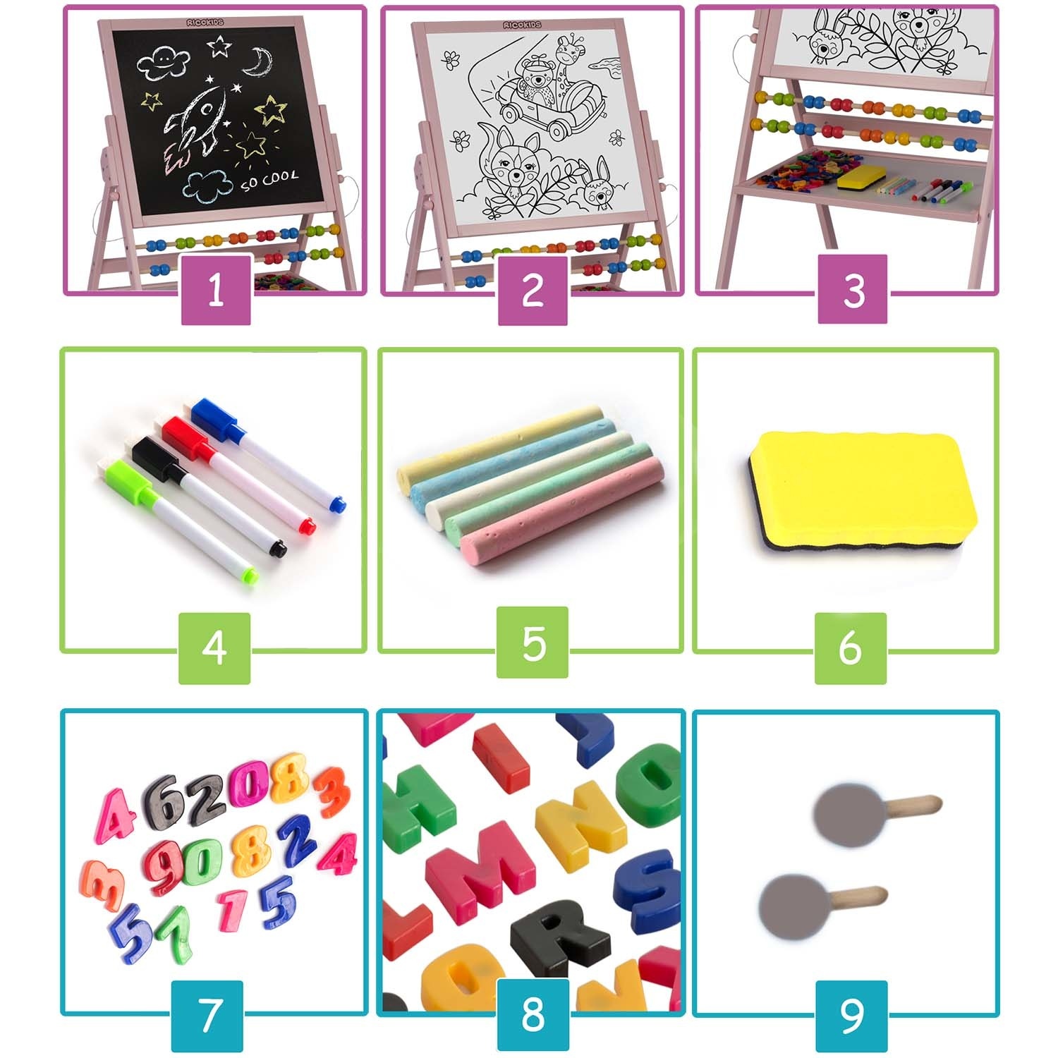 Krijtbord en magnetisch tekenbord - met telraam & schrijfgerei - roze