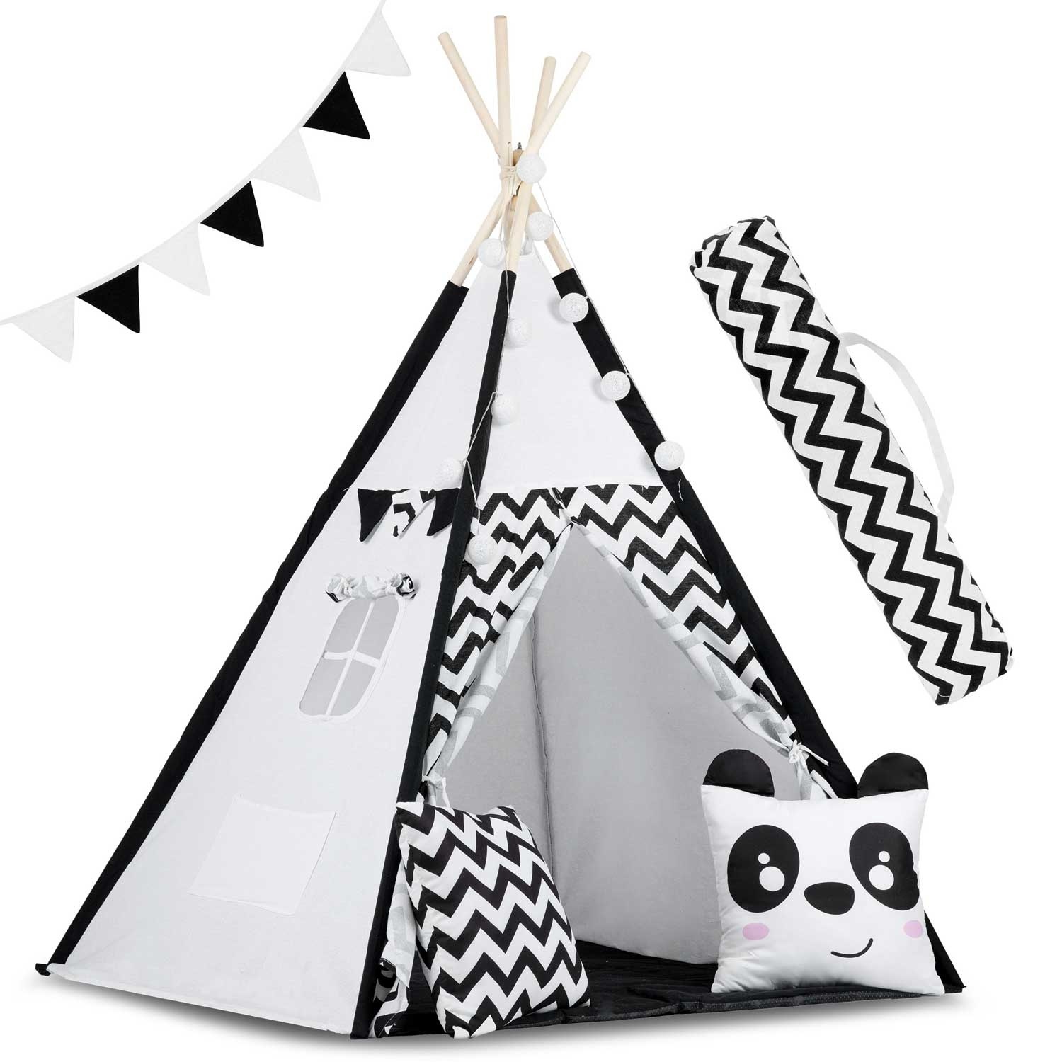 Tipi tent - speeltent - zwart wit panda - met kussens & lampjes