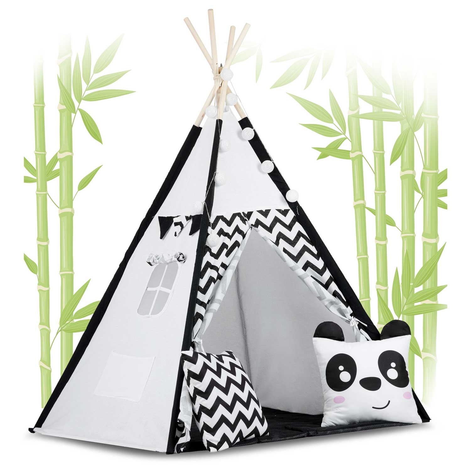 Tipi tent - speeltent - zwart wit panda - met kussens & lampjes