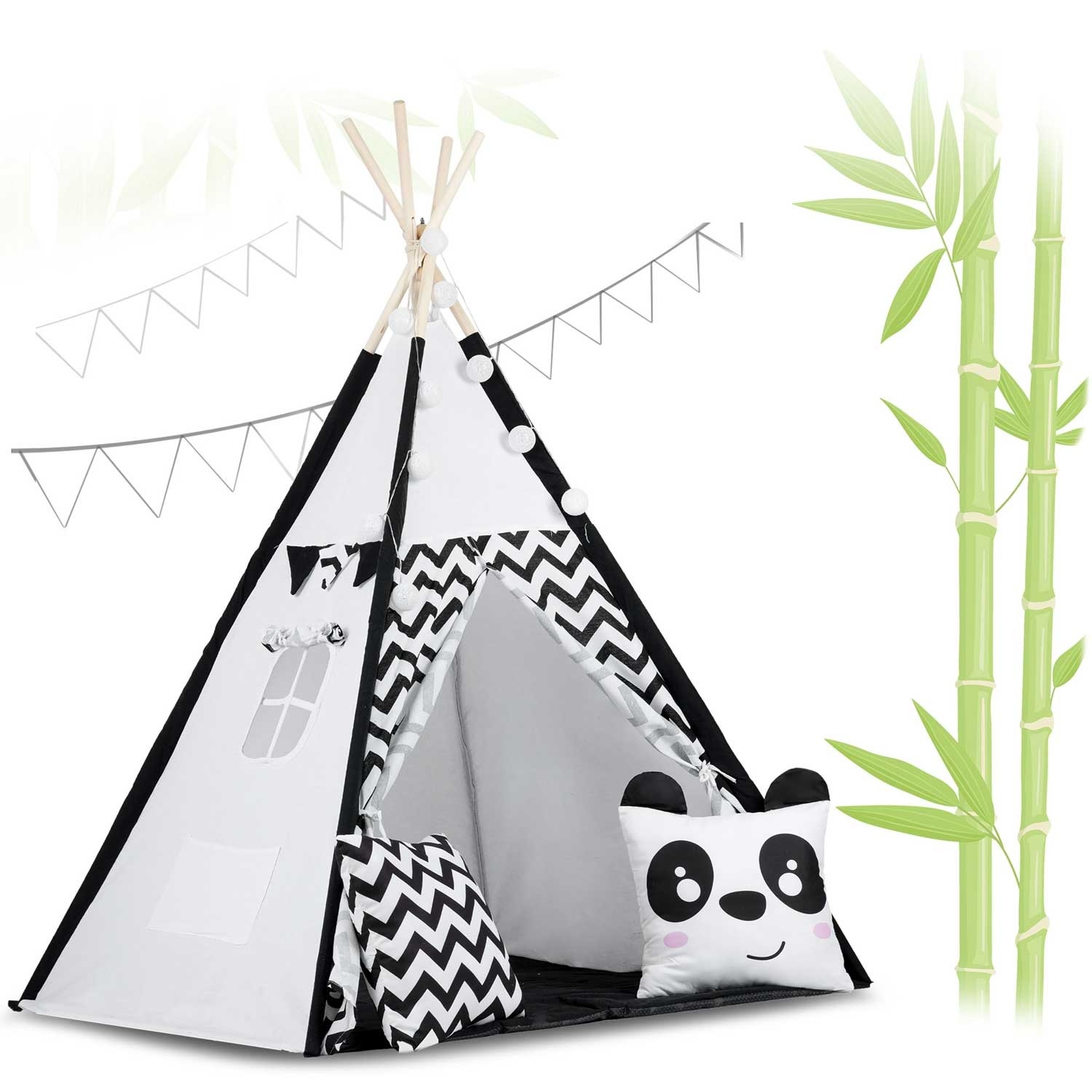 Tipi tent - speeltent - zwart wit panda - met kussens & lampjes