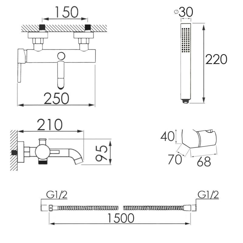 Badkraan - met handdouche - mat zwart - wandmontage