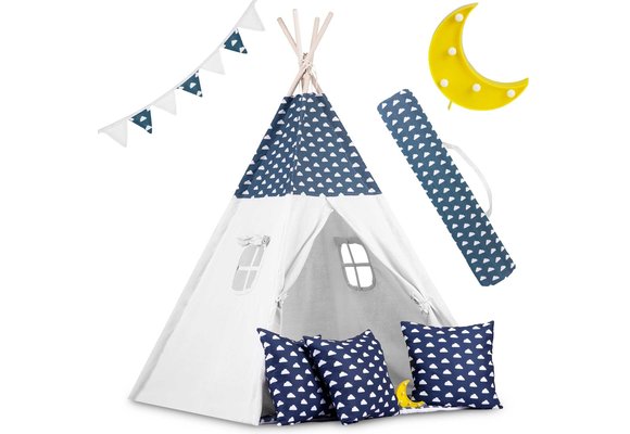 Tipi tent - Speeltent - blauw & wolken - met kussens en lampje
