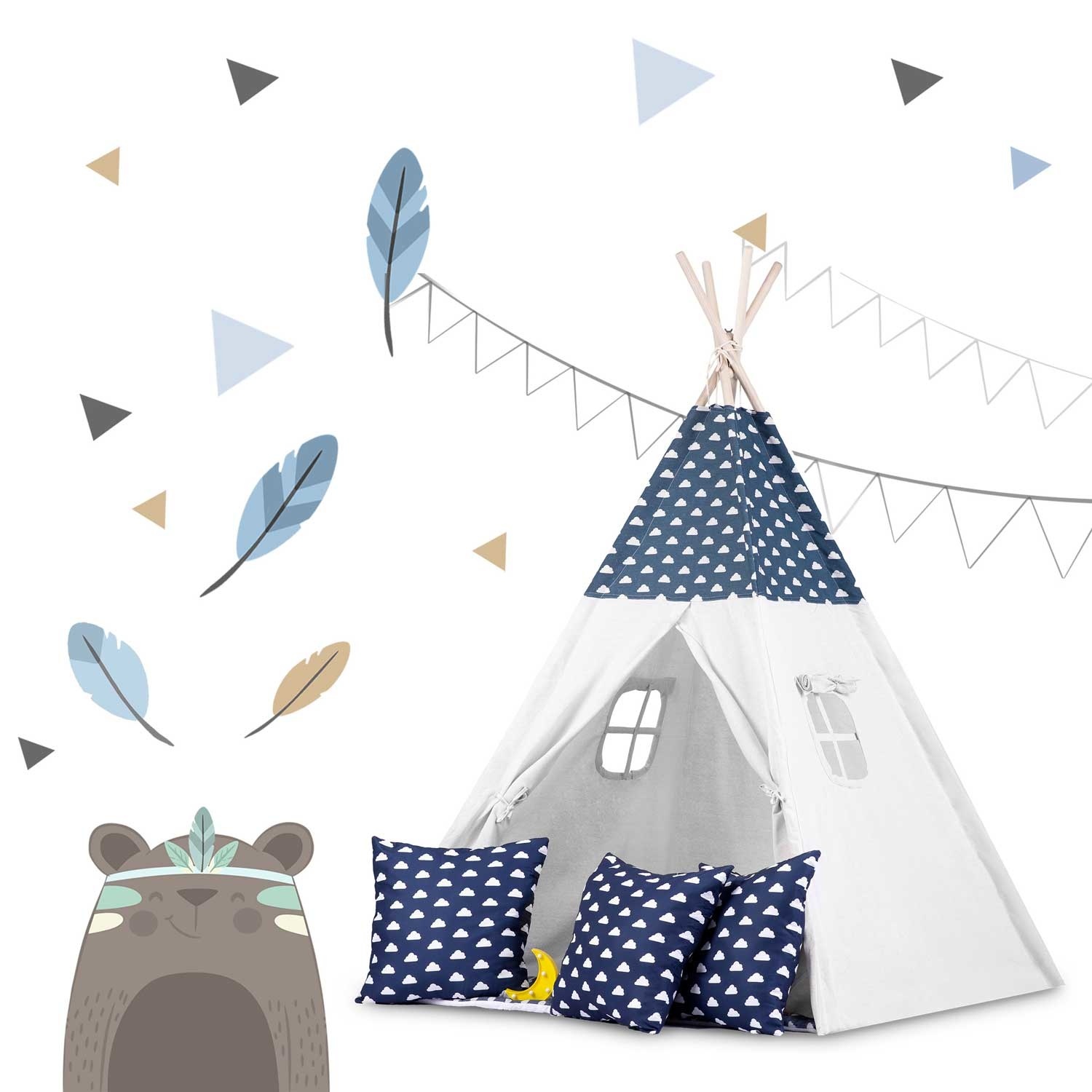 Tipi tent - Speeltent - blauw & wolken - met kussens en lampje