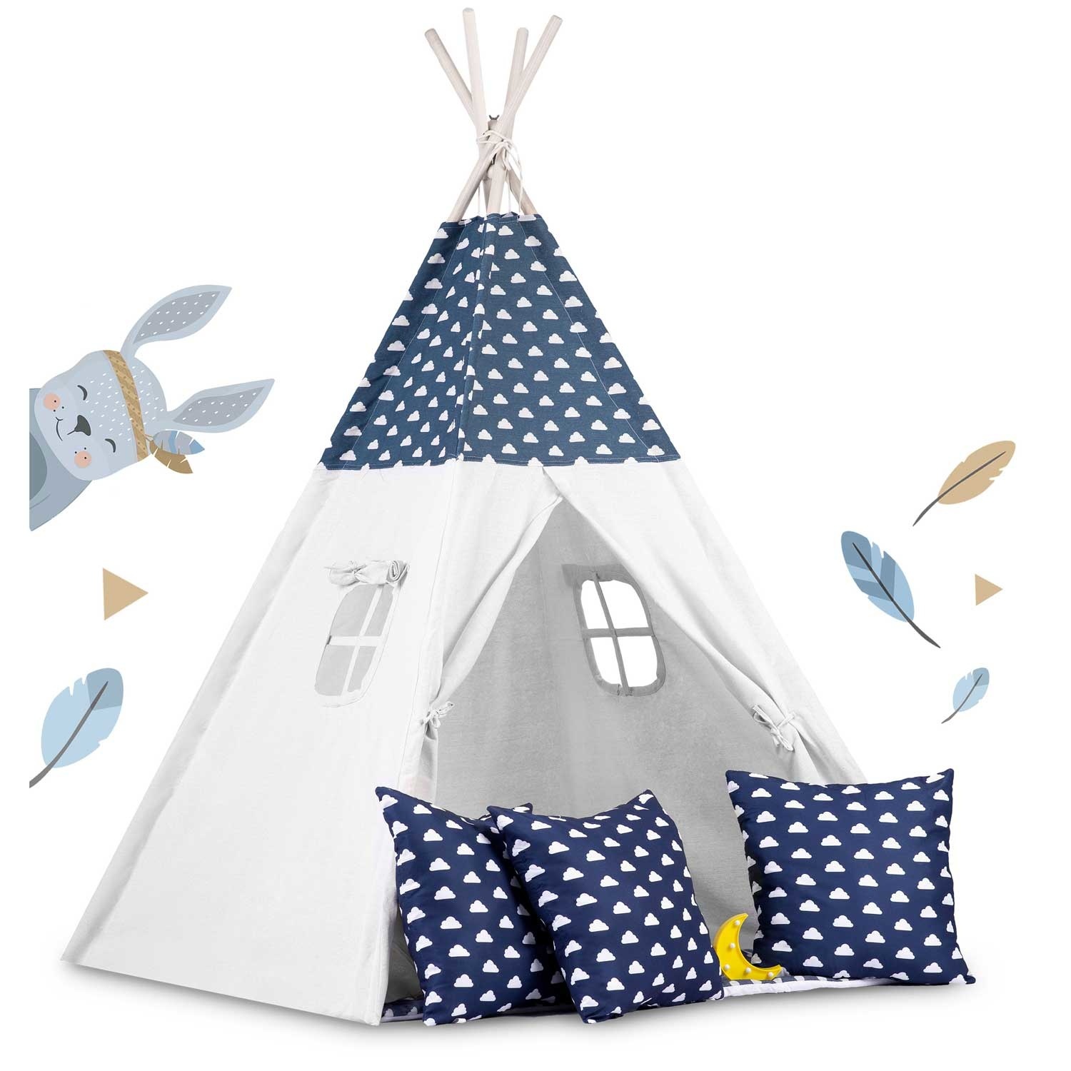 Tipi tent - Speeltent - blauw & wolken - met kussens en lampje