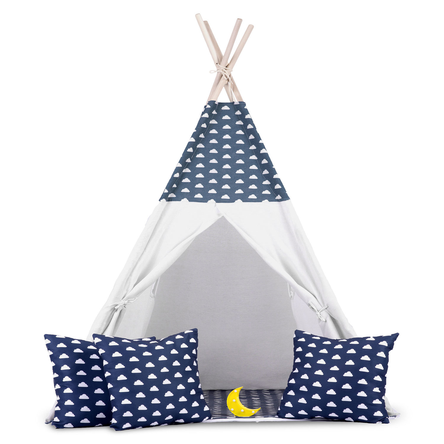 Tipi tent - Speeltent - blauw & wolken - met kussens en lampje