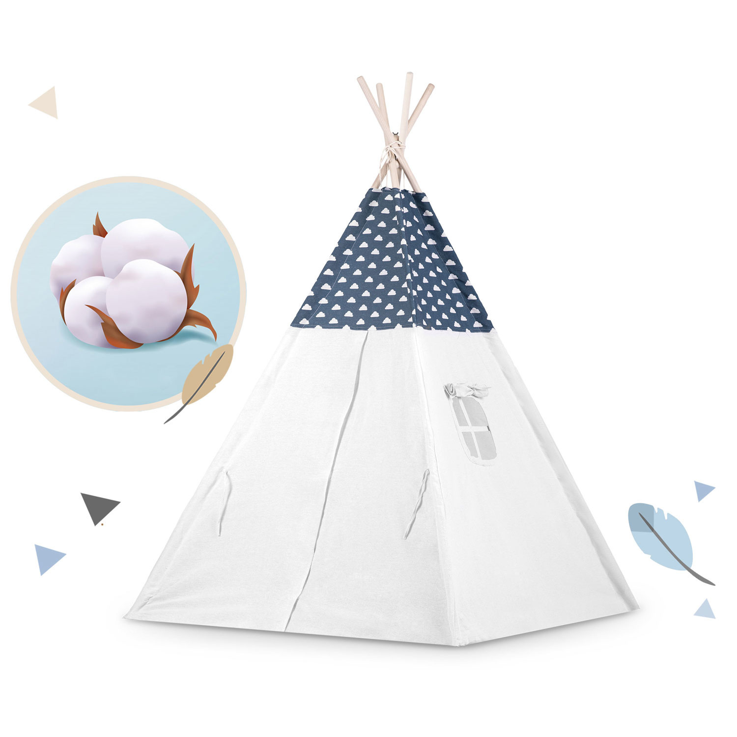 Tipi tent - Speeltent - blauw & wolken - met kussens en lampje