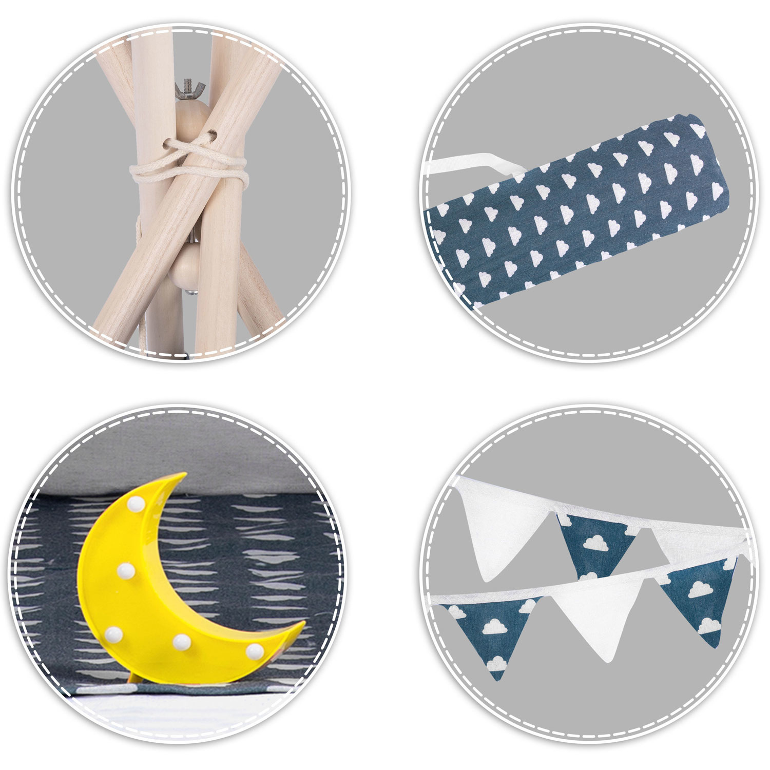 Tipi tent - Speeltent - blauw & wolken - met kussens en lampje