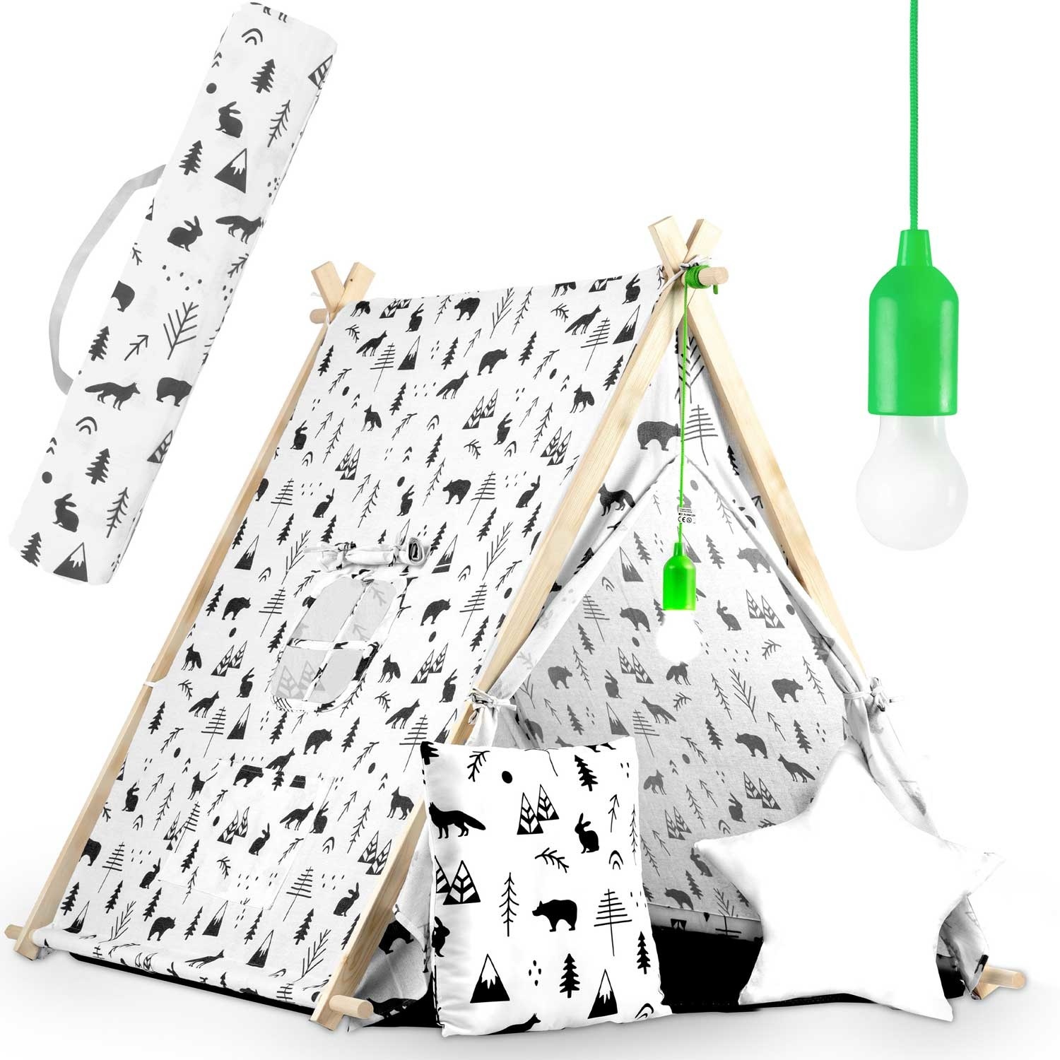 Speeltent - met lamp en kussens - zwart wit