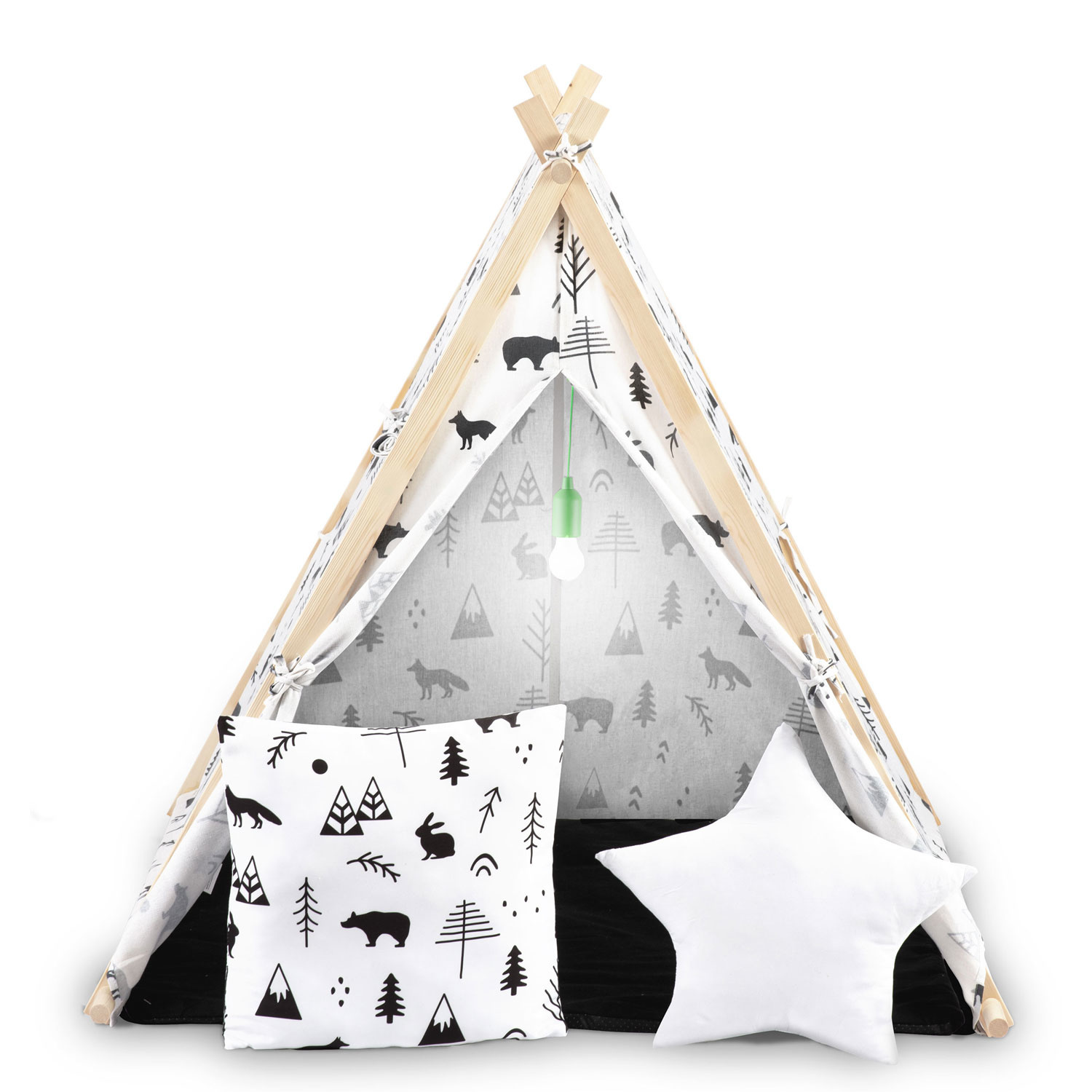 Speeltent - met lamp en kussens - zwart wit