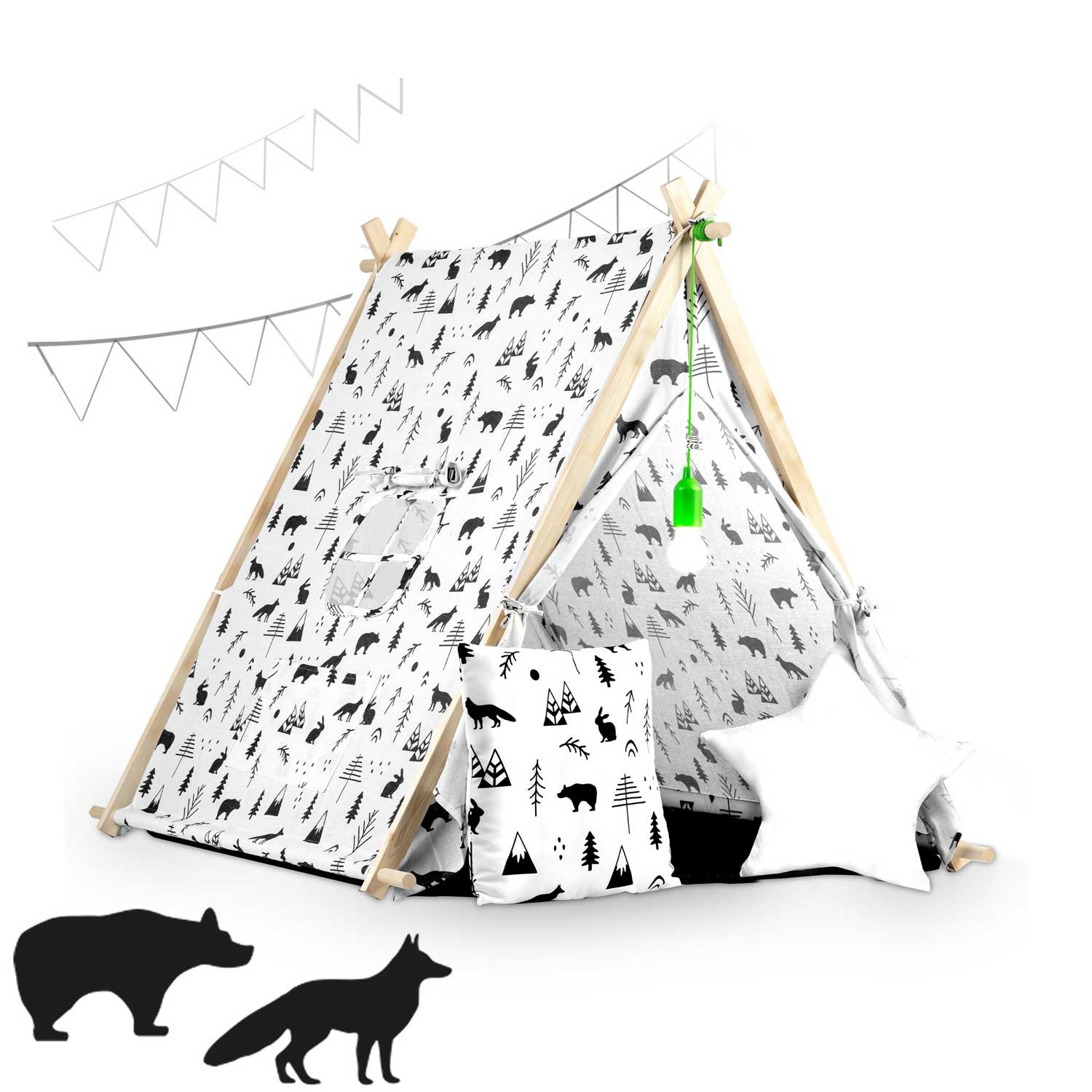 Speeltent - met lamp en kussens - zwart wit