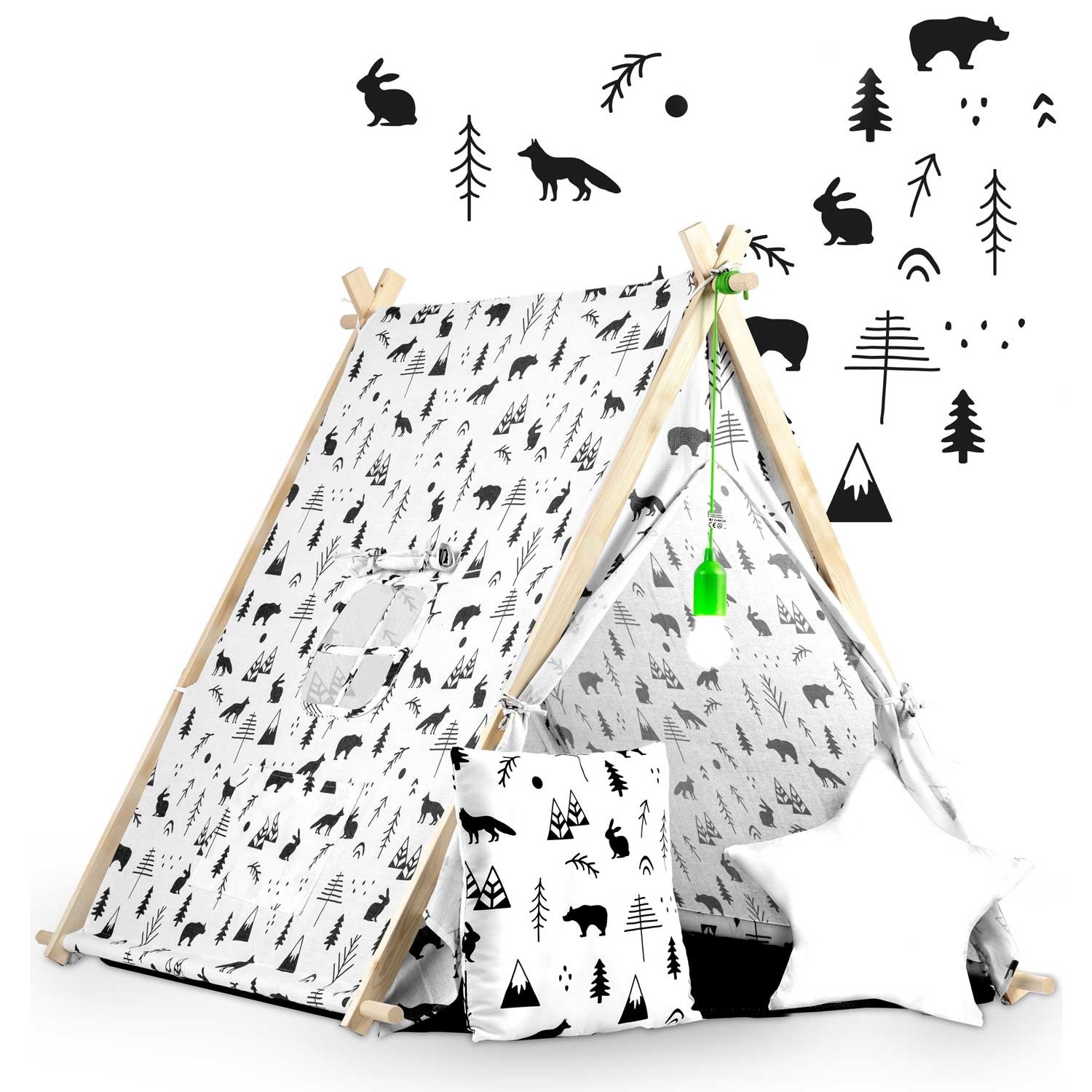 Speeltent - met lamp en kussens - zwart wit