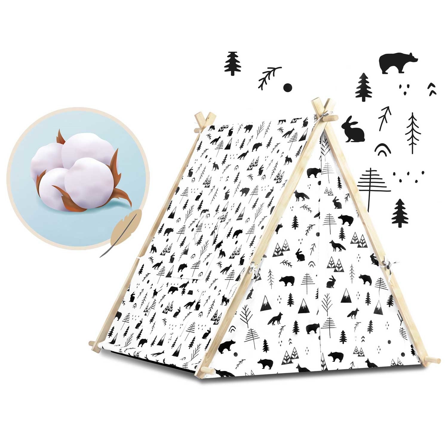 Speeltent - met lamp en kussens - zwart wit