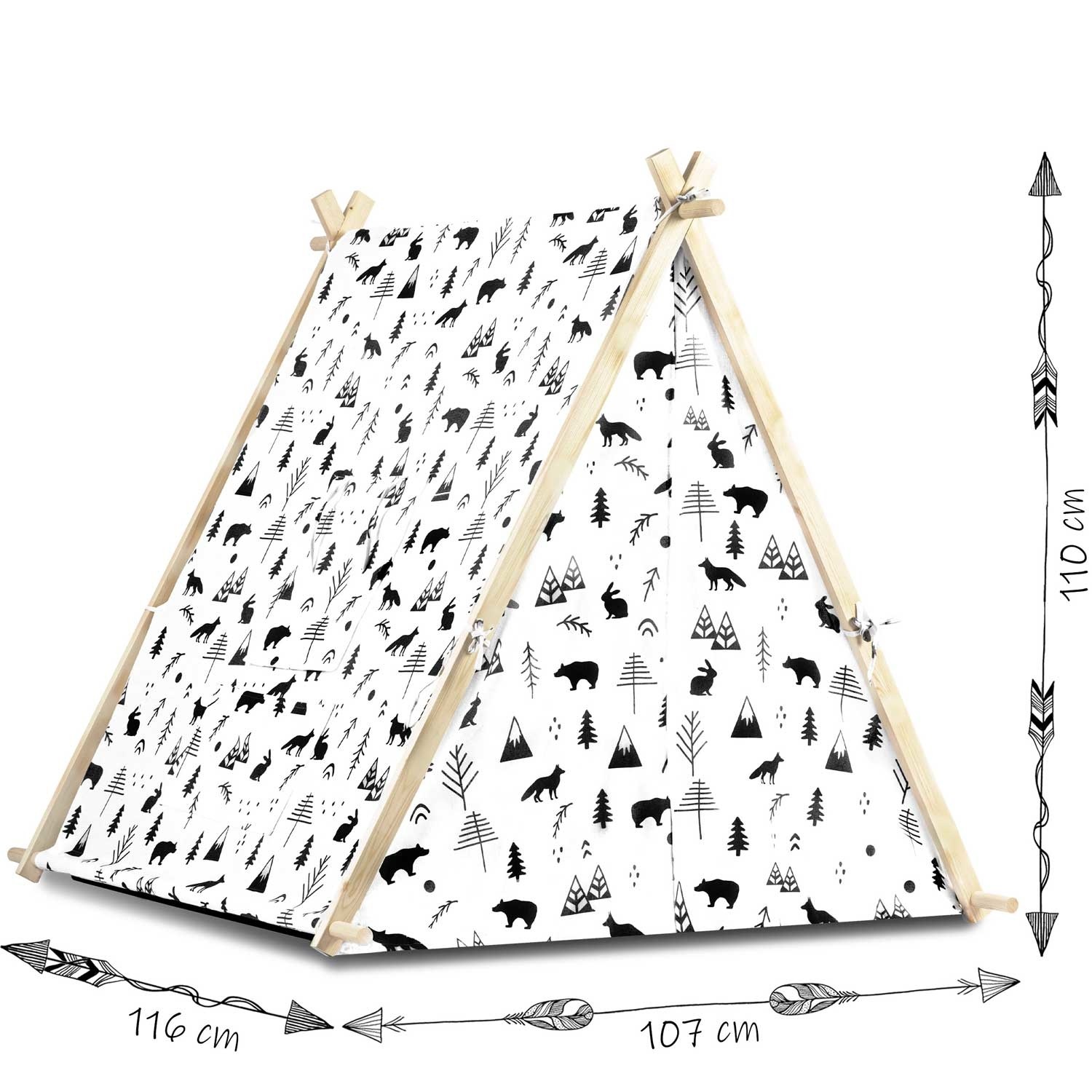 Speeltent - met lamp en kussens - zwart wit