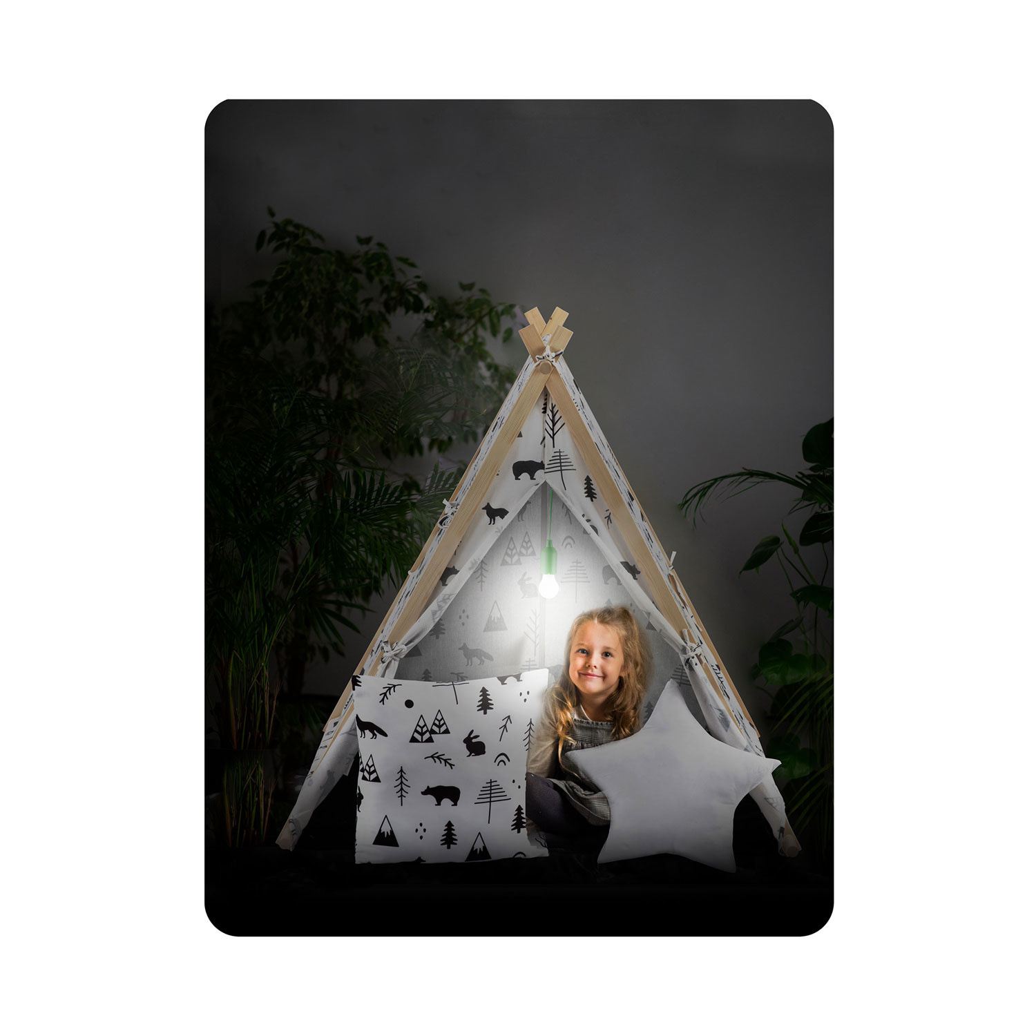 Speeltent - met lamp en kussens - zwart wit