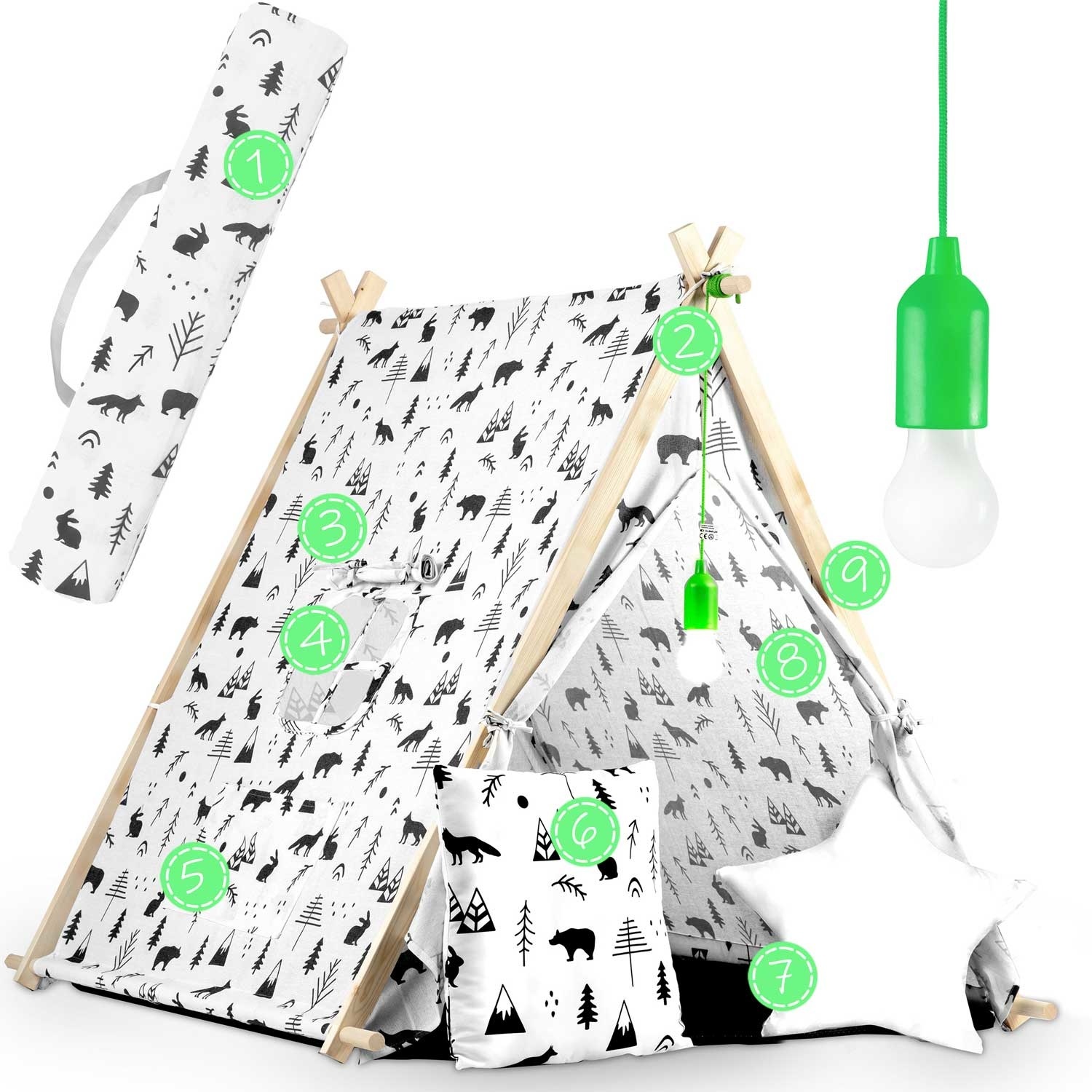 Speeltent - met lamp en kussens - zwart wit