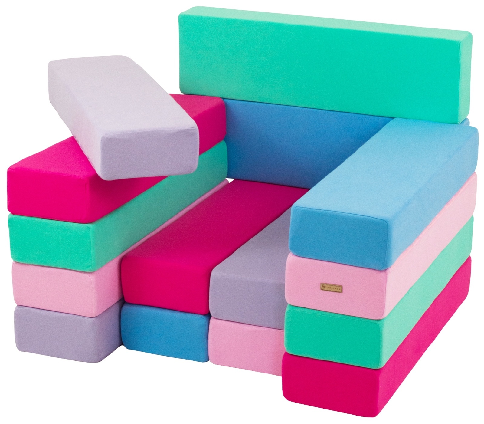 Jenga - 15 zachte speelblokken - blauw, roze, lichtroze, paars, turkoois