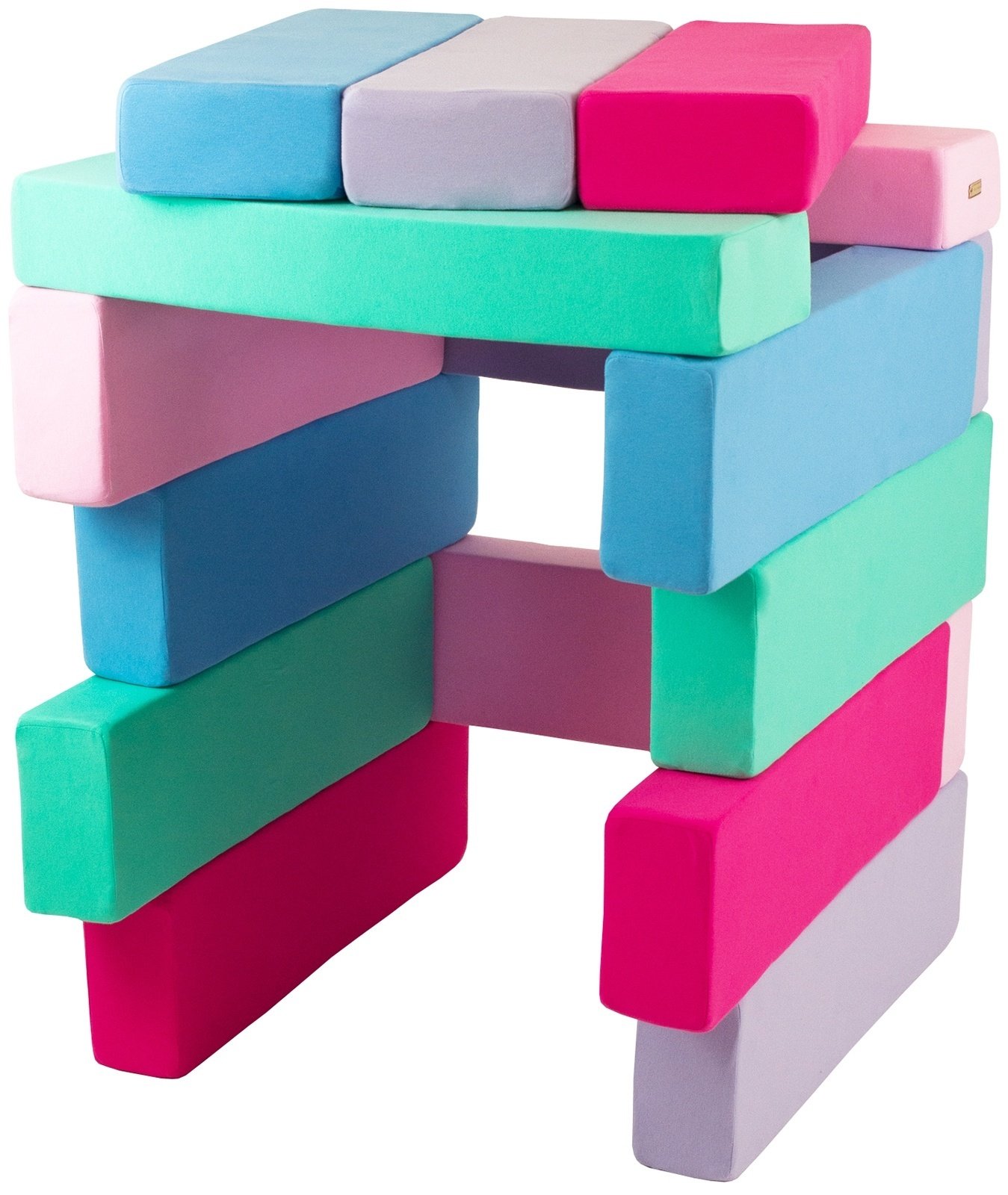 Jenga - 15 zachte speelblokken - blauw, roze, lichtroze, paars, turkoois