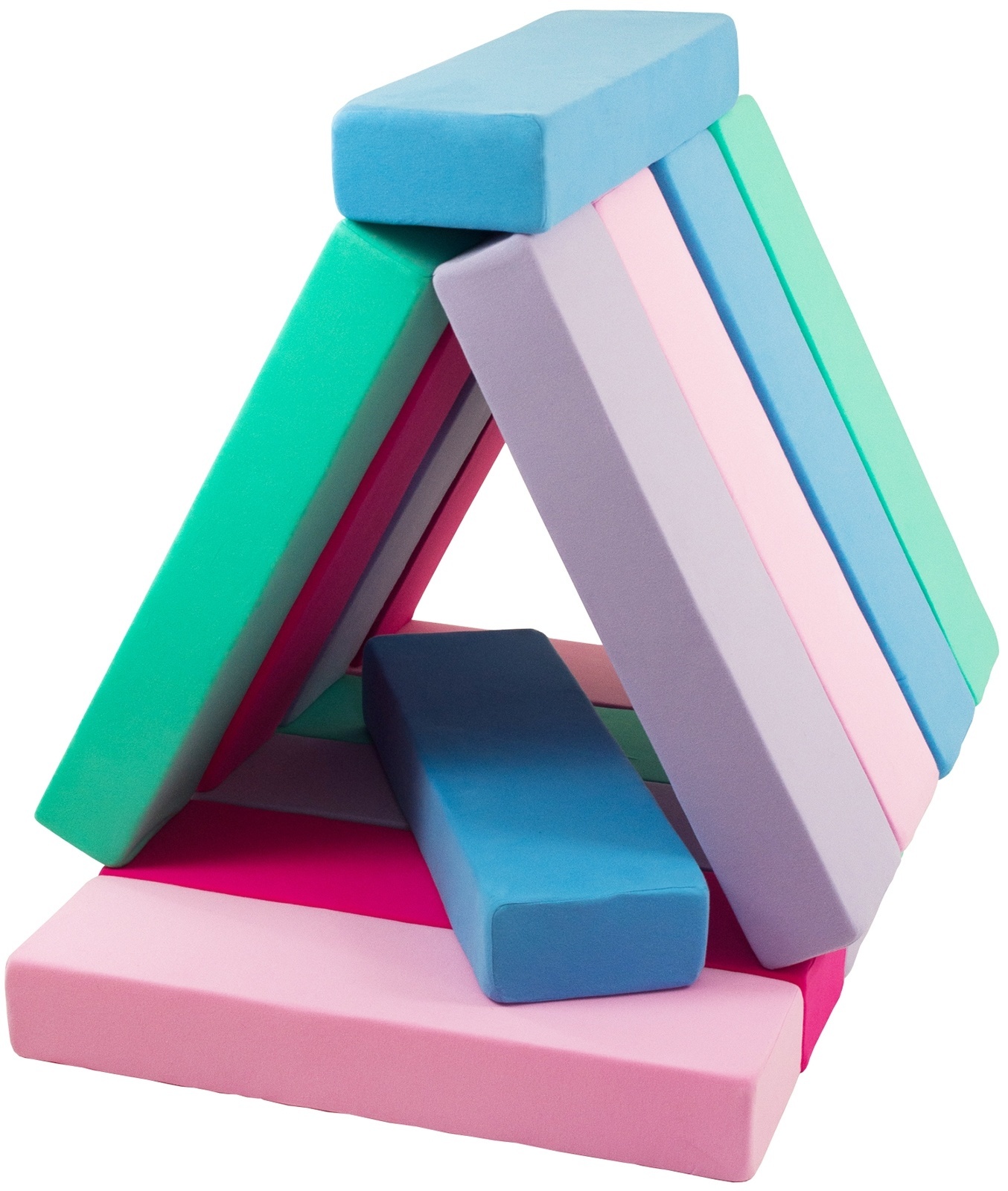 Jenga - 15 zachte speelblokken - blauw, roze, lichtroze, paars, turkoois