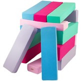 Jenga - 15 zachte speelblokken - blauw, roze, lichtroze, paars, turkoois