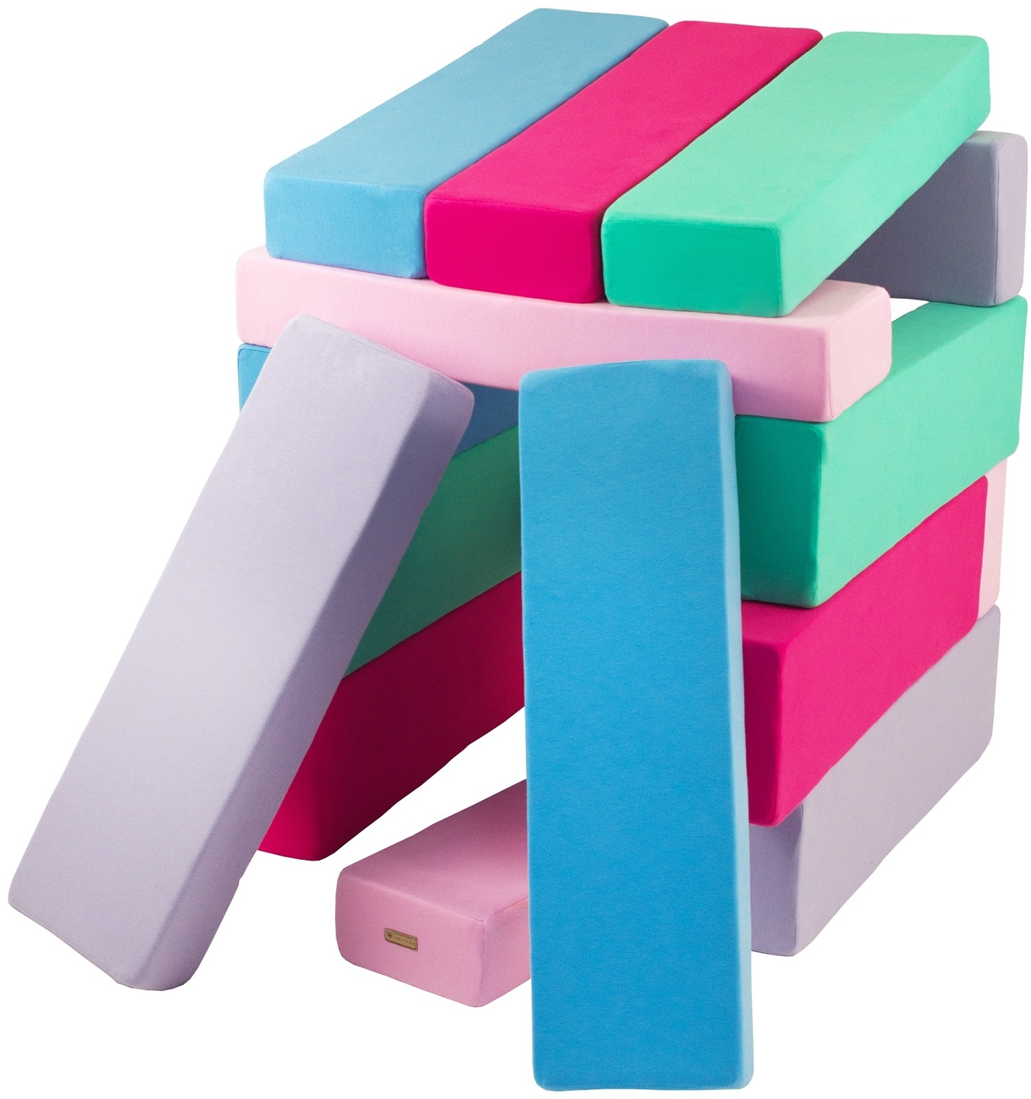 Jenga - 15 zachte speelblokken - blauw, roze, lichtroze, paars, turkoois