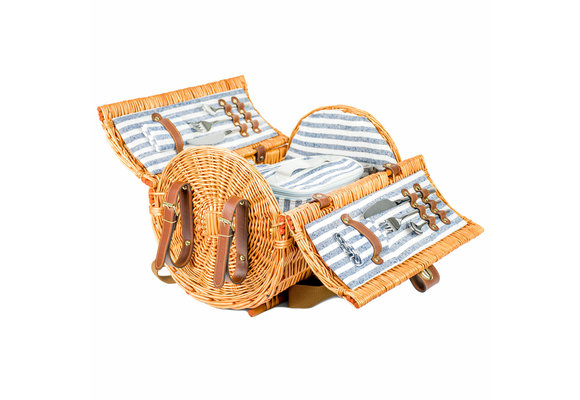 Picknickmand - rond - met 2-persoons servies + deken – handgemaakt