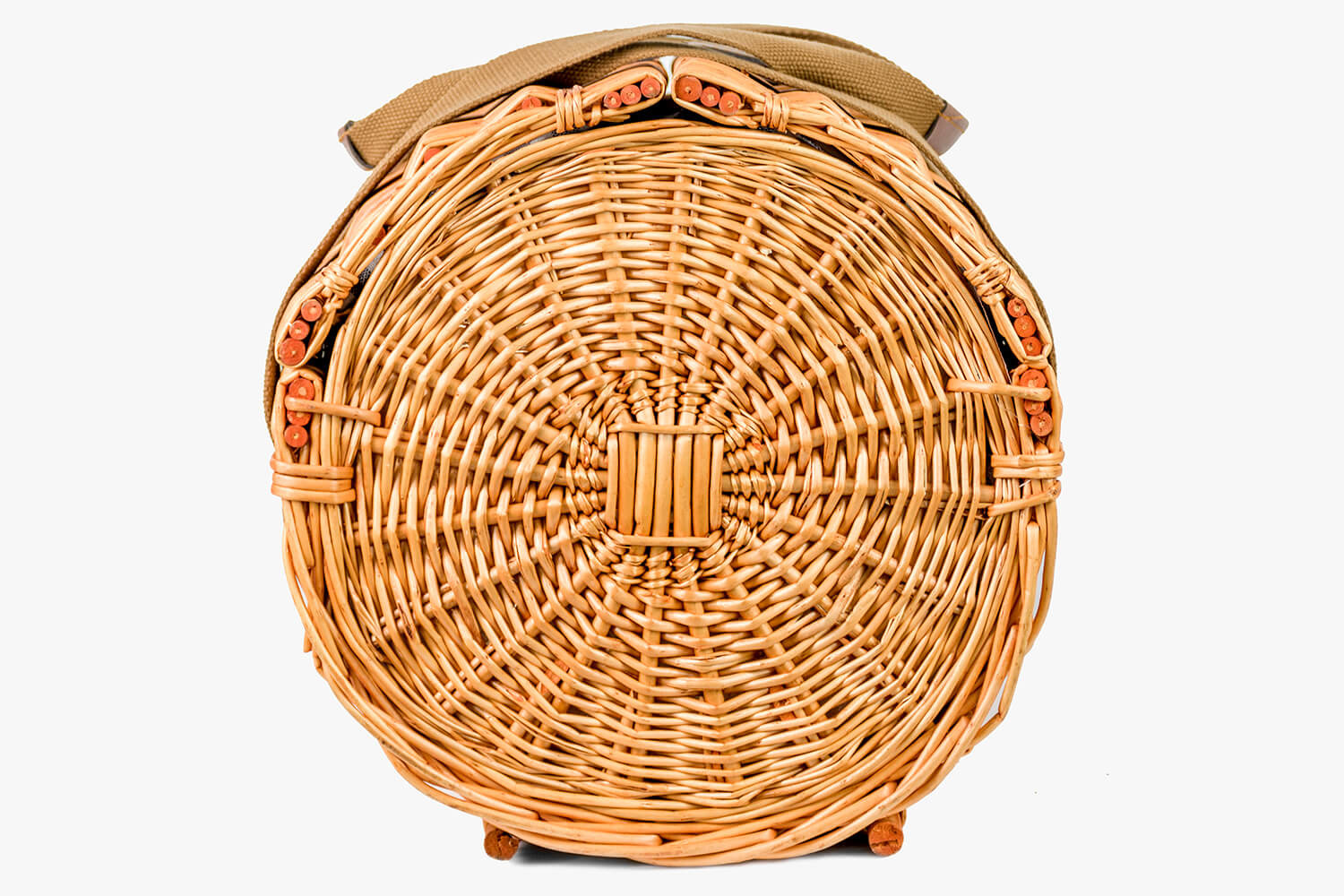 Picknickmand - rond - met 2-persoons servies + deken – handgemaakt