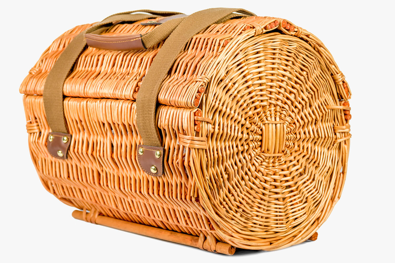Picknickmand - rond - met 2-persoons servies + deken – handgemaakt