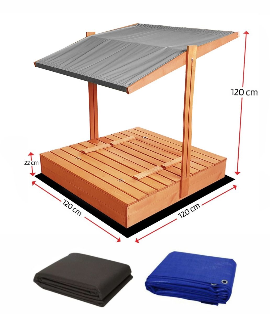 Zandbak - hout - met dak en bankjes - 120x120 cm - grijs