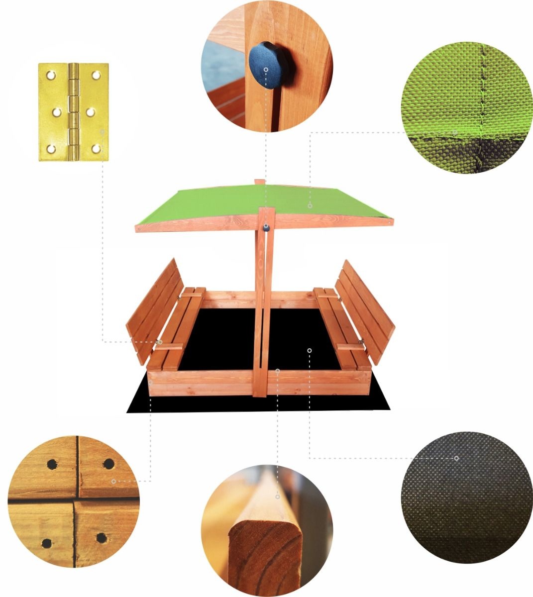 Zandbak - hout - met dak en bankjes - 120x120 cm - blauw