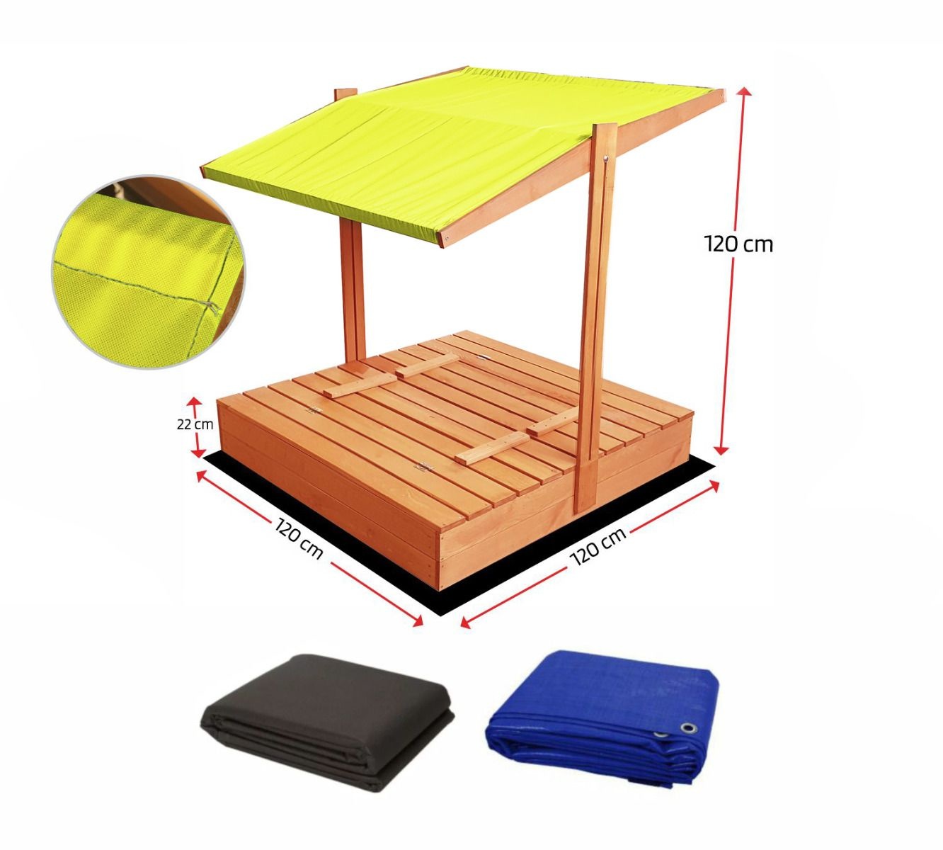 Zandbak - hout - met dak en bankjes - 120x120 cm - geel