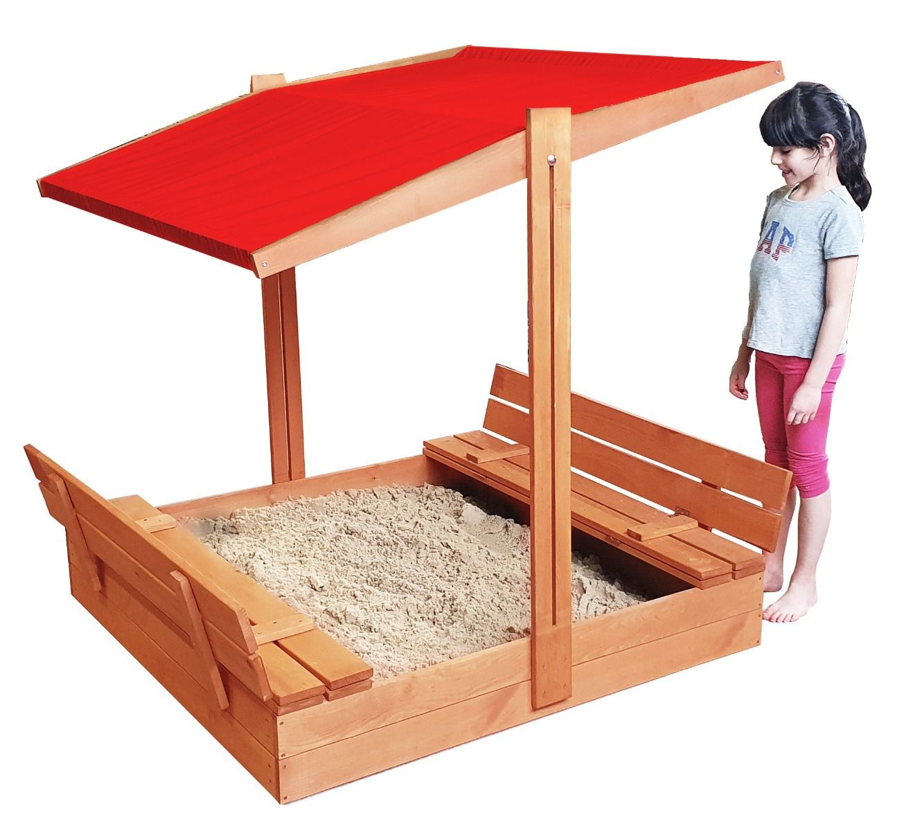 Zandbak - hout - met dak en bankjes - 140x140 cm - rood