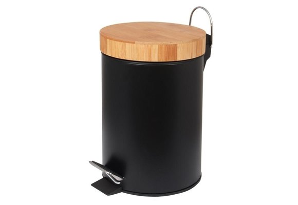 Prullenbak badkamer - zwart - staal/bamboe - handig pedaal - 25x17cm
