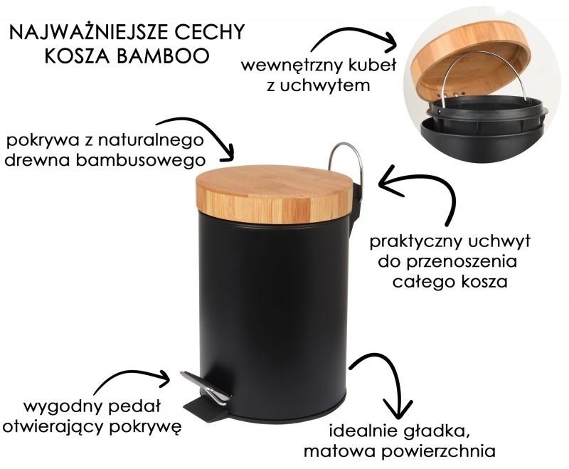 Prullenbak badkamer - zwart - staal/bamboe - handig pedaal - 25x17cm