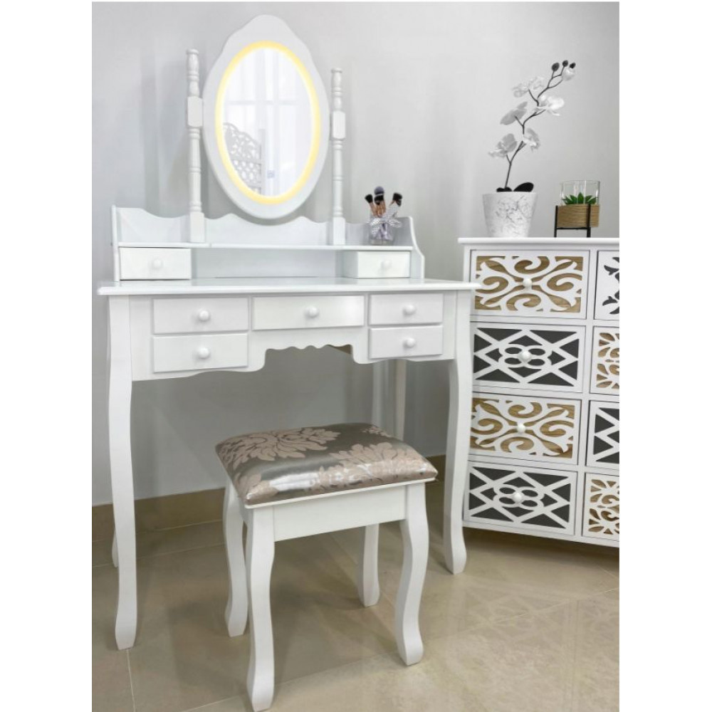 Kaptafel - met spiegel, licht en kruk - 90x40x146 cm - wit