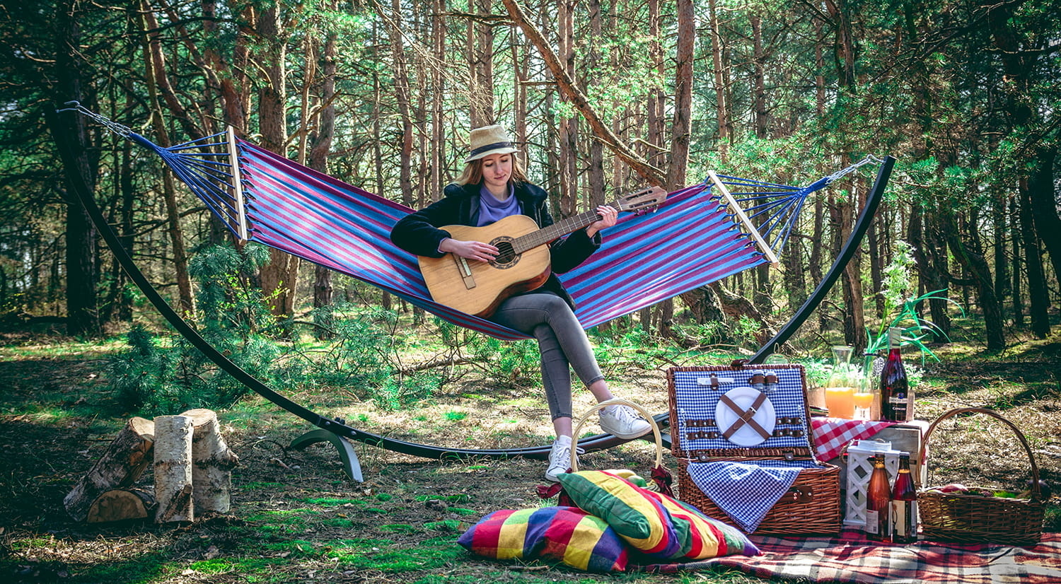 Hangmatframe zwart + blauw groene hangmat - 220x150cm - max. 220kg