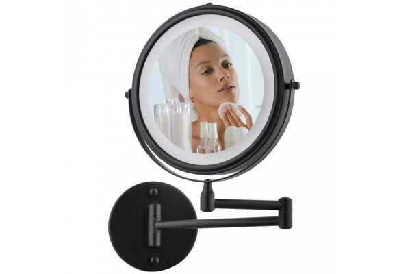 Make up spiegel met licht - zwart - rond 20 cm - met knikarm