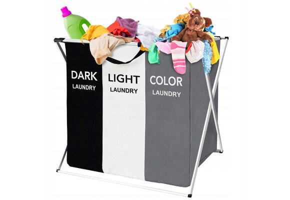 Wasmand - 3 vakken - opvouwbaar - 66x38x61 cm - zwart wit grijs