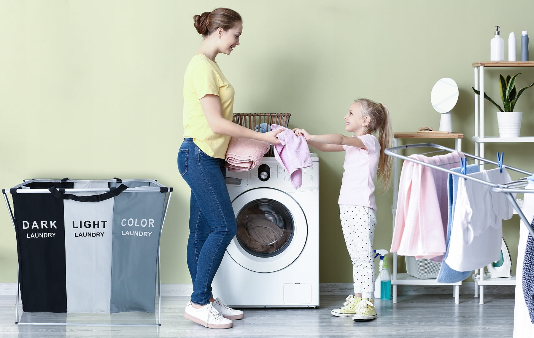 Wasmand - 3 vakken - opvouwbaar - 66x38x61 cm - zwart wit grijs