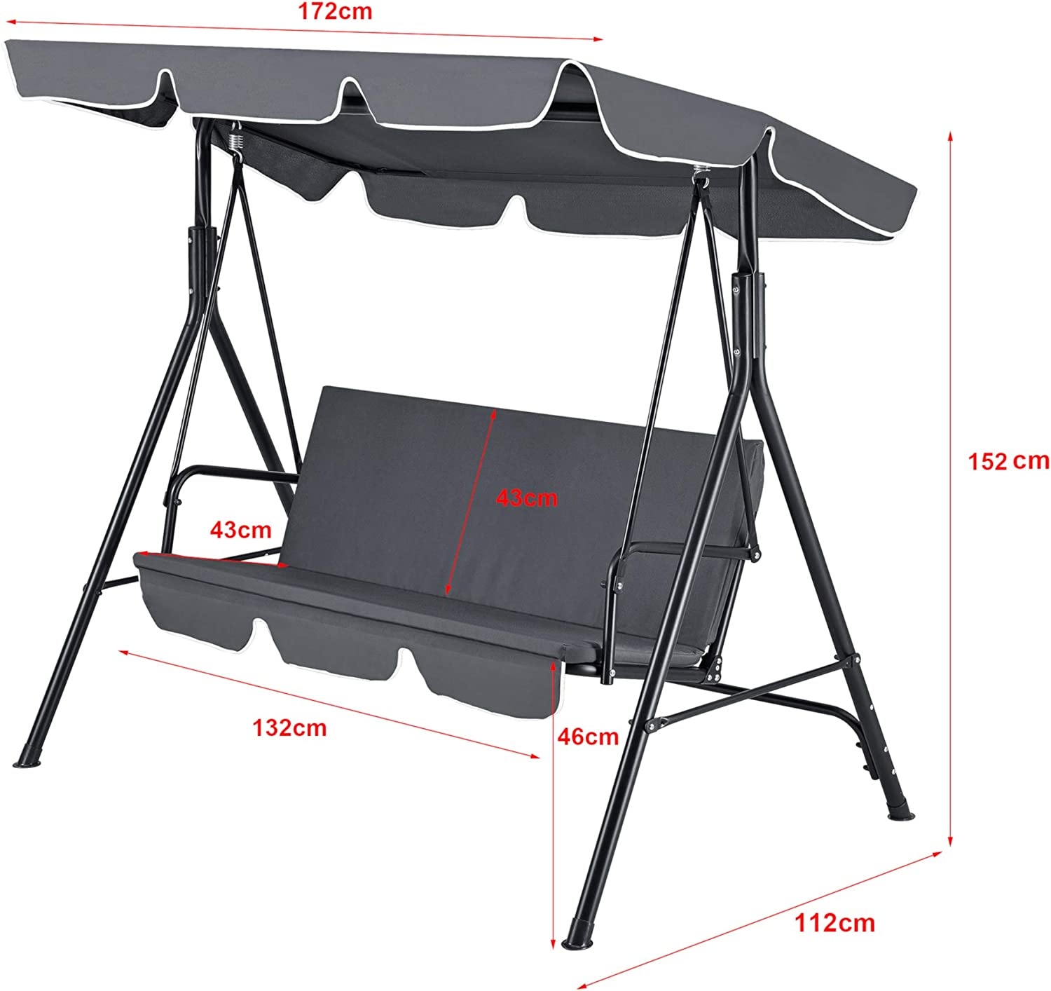 Schommelbank - tuin - 3 persoons - 170x110x152 cm - grijs