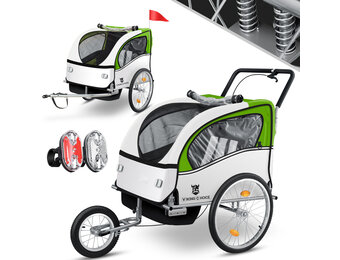 Fietskar kind - fietsaanhanger - 2-zits - schokbreker - lime groen