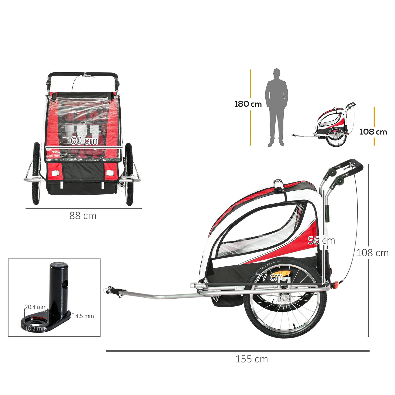 Fietskar kind - met buggy functie - 2-in-1 - 2 zits - rood