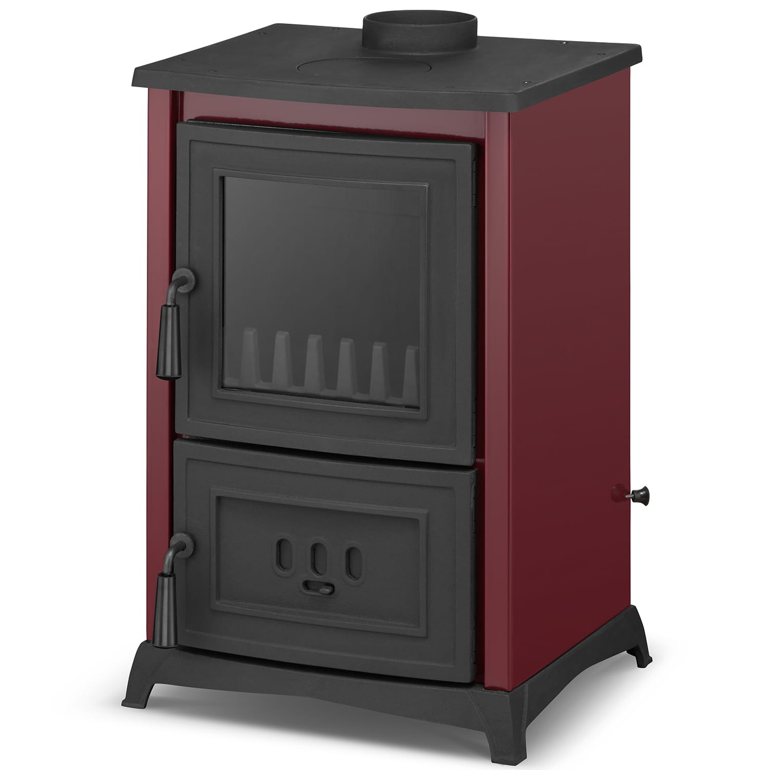 Houtkachel gietijzer - 8,5kW - kookplaat & haard - bordeaux rood