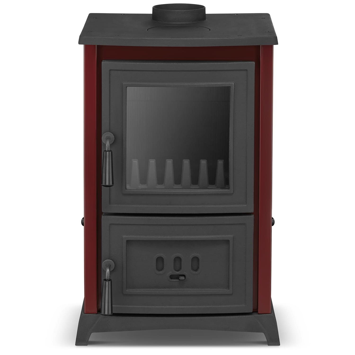Houtkachel gietijzer - 8,5kW - kookplaat & haard - bordeaux rood