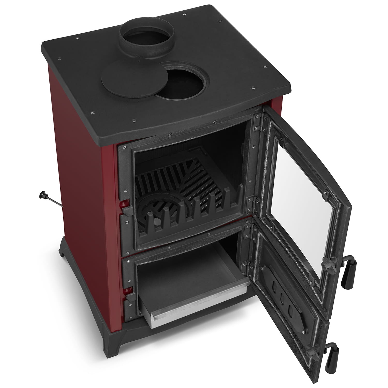 Houtkachel gietijzer - 8,5kW - kookplaat & haard - bordeaux rood