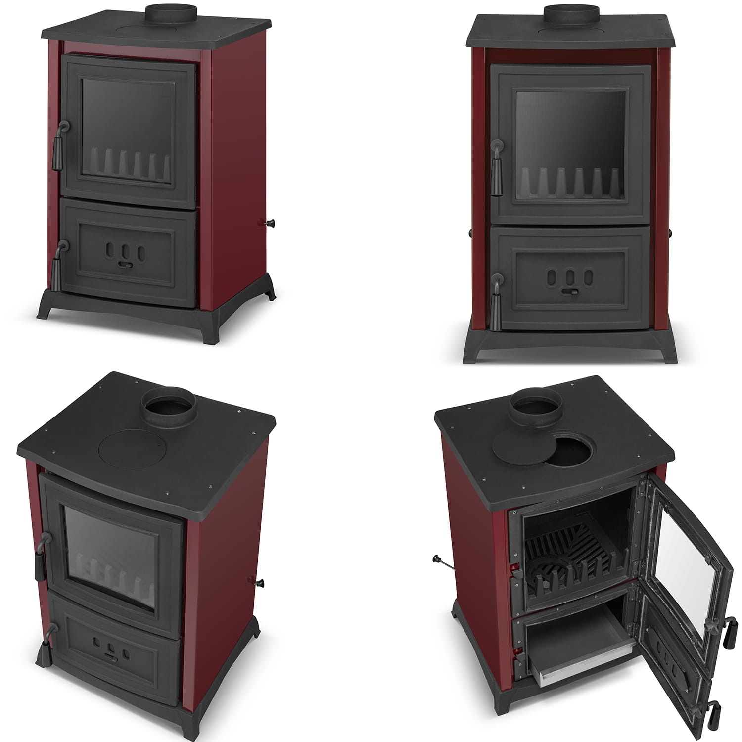 Houtkachel gietijzer - 8,5kW - kookplaat & haard - bordeaux rood