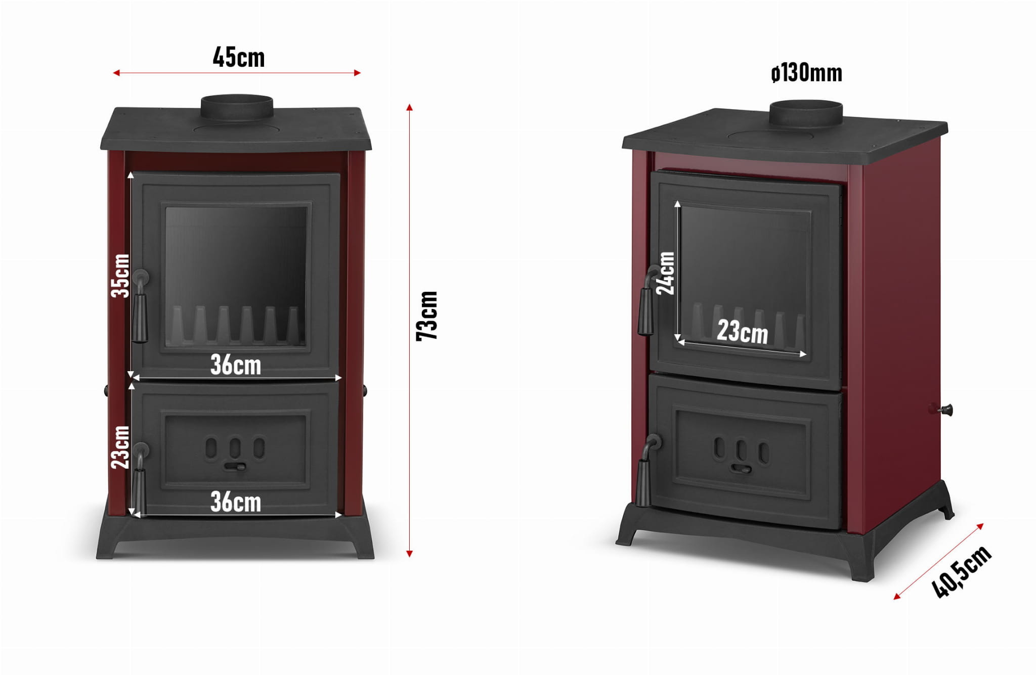 Houtkachel gietijzer - 8,5kW - kookplaat & haard - bordeaux rood