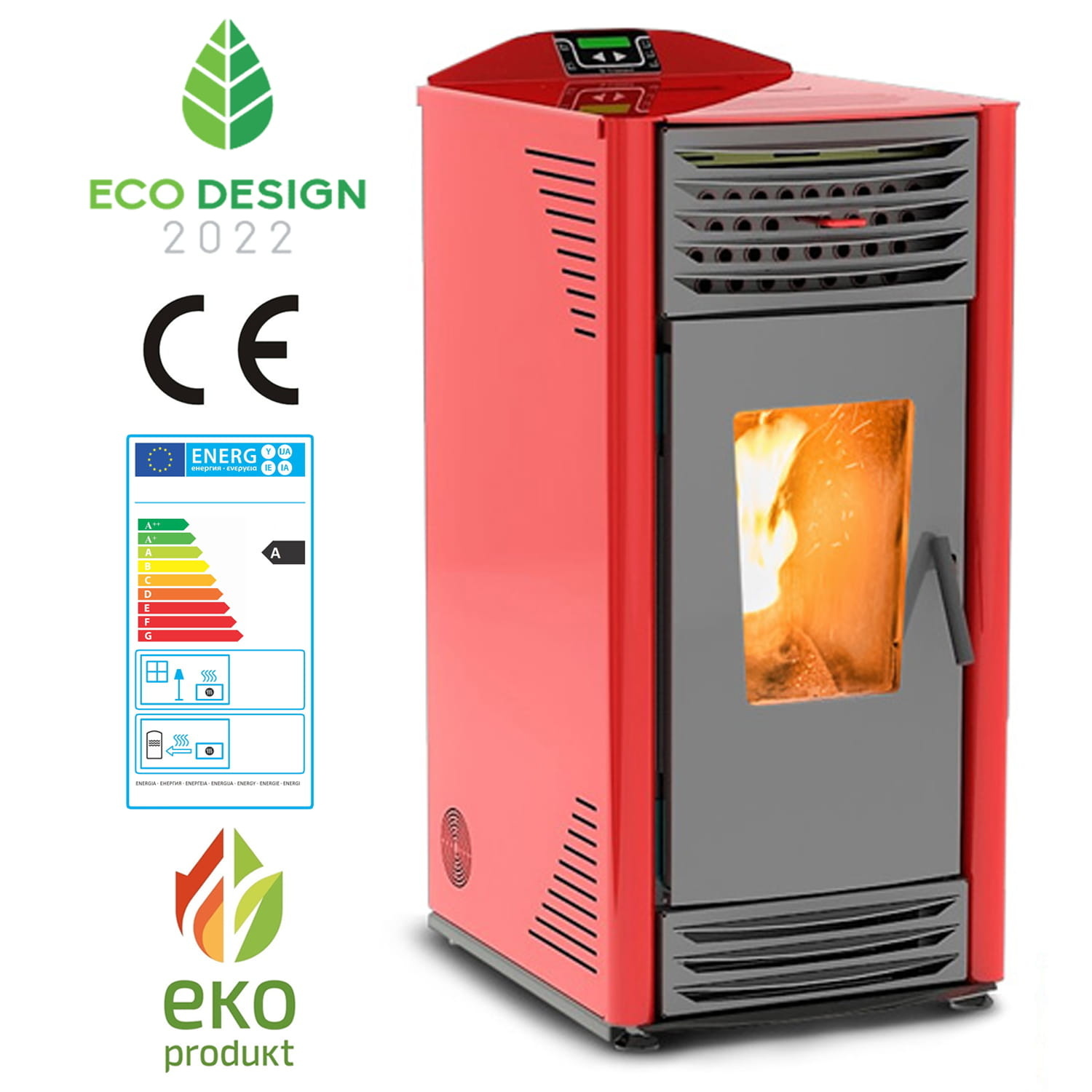 Pelletkachel - 8kW - rood - energielabel A++ - smart