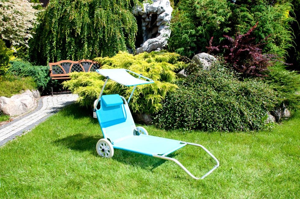 Ligbed - zonnebed - met luifel en wielen - inklapbaar - turkoois