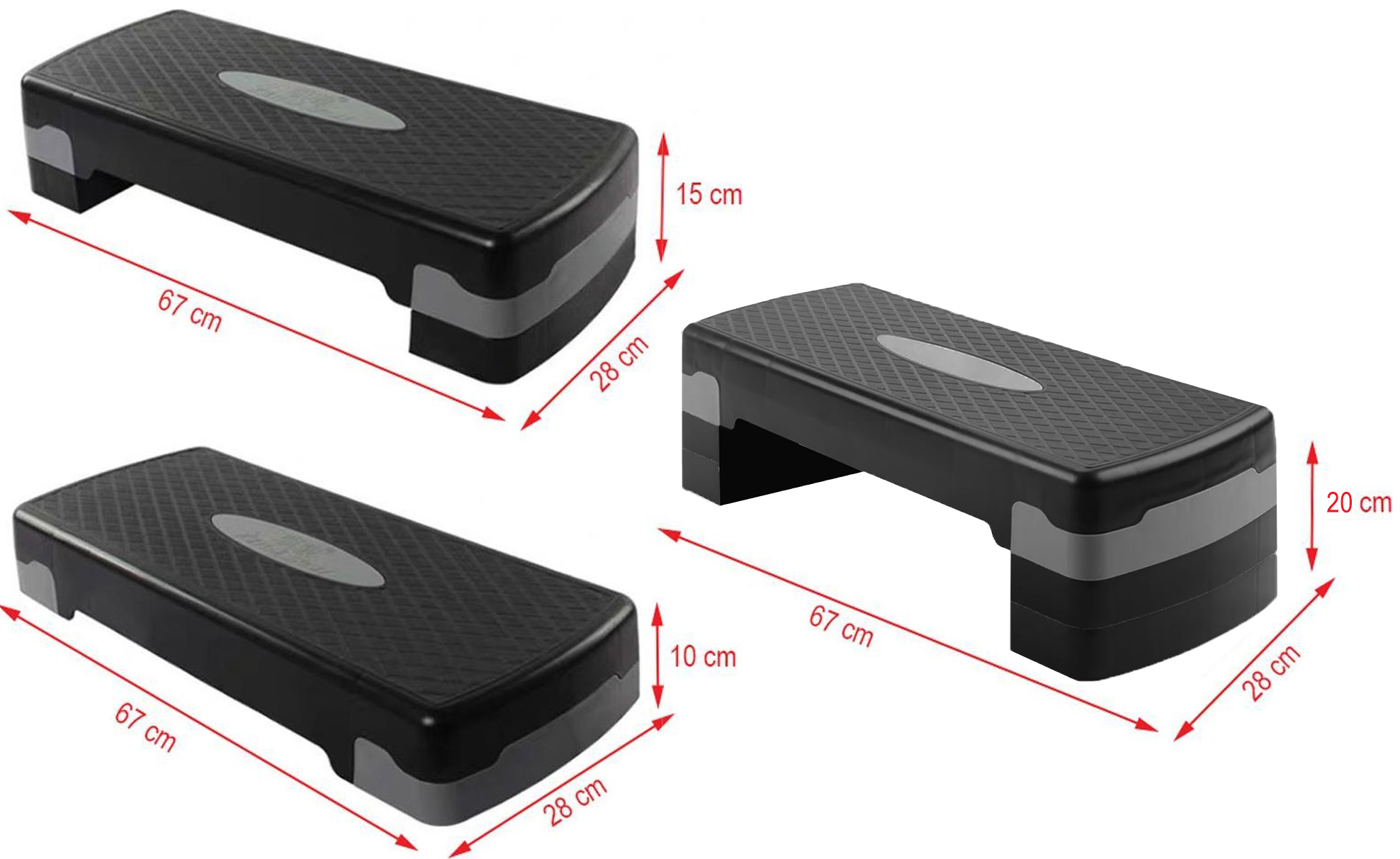 Aerobic step - zwart grijs - 3 standen - 67x28 cm